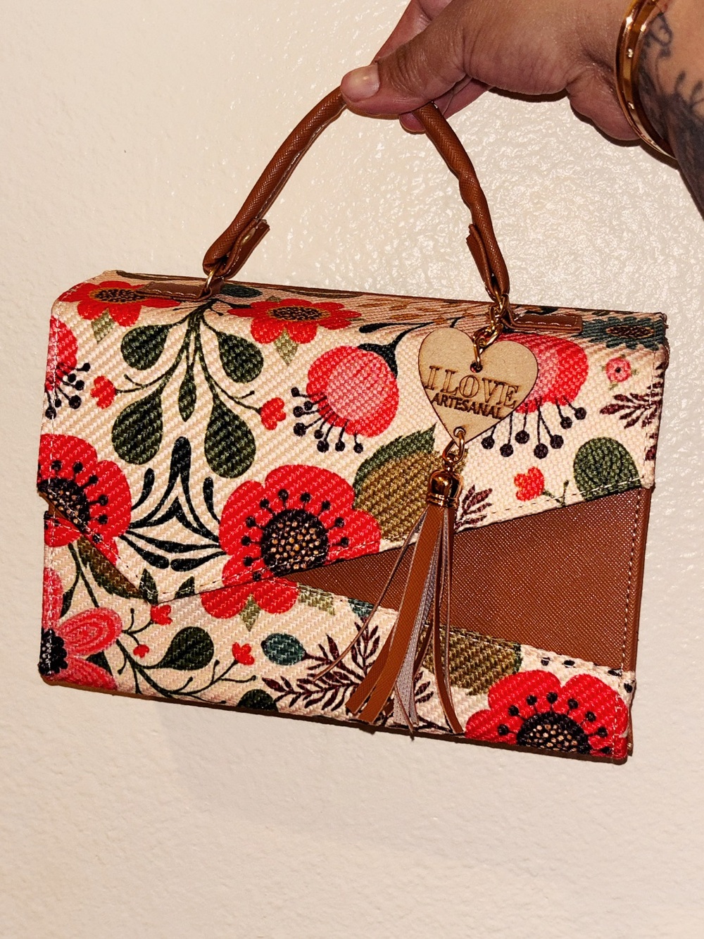 Floral Top-Handle Bag in Red and Brown
